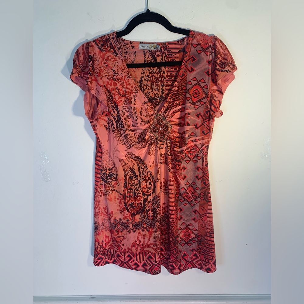 Fairy Boho Festivalvibes retro Coral abstract with embellishments Womens Size S